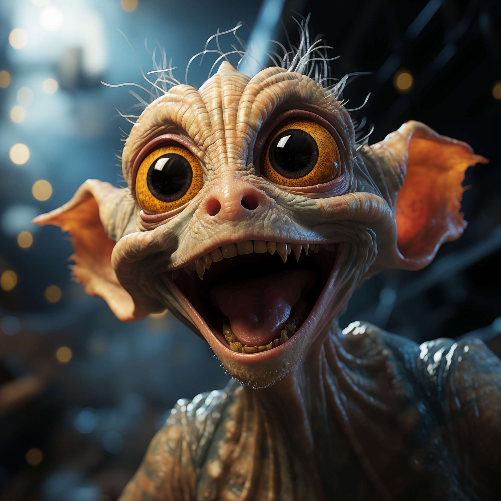 funny tan alien with big eyes and big ears Laughing