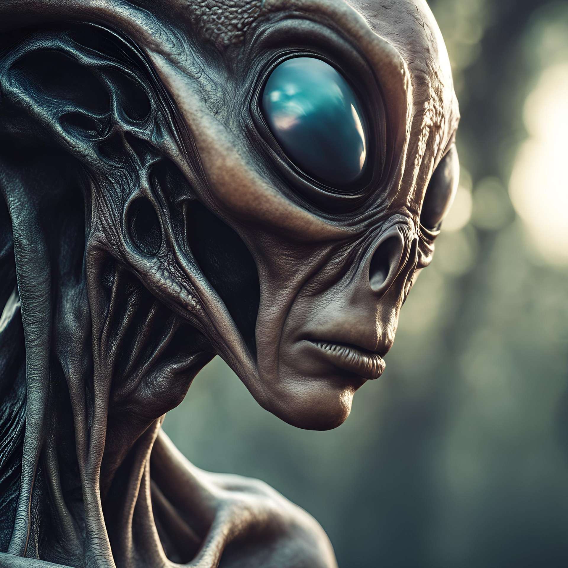 grey alien with big glossy eyes and large head