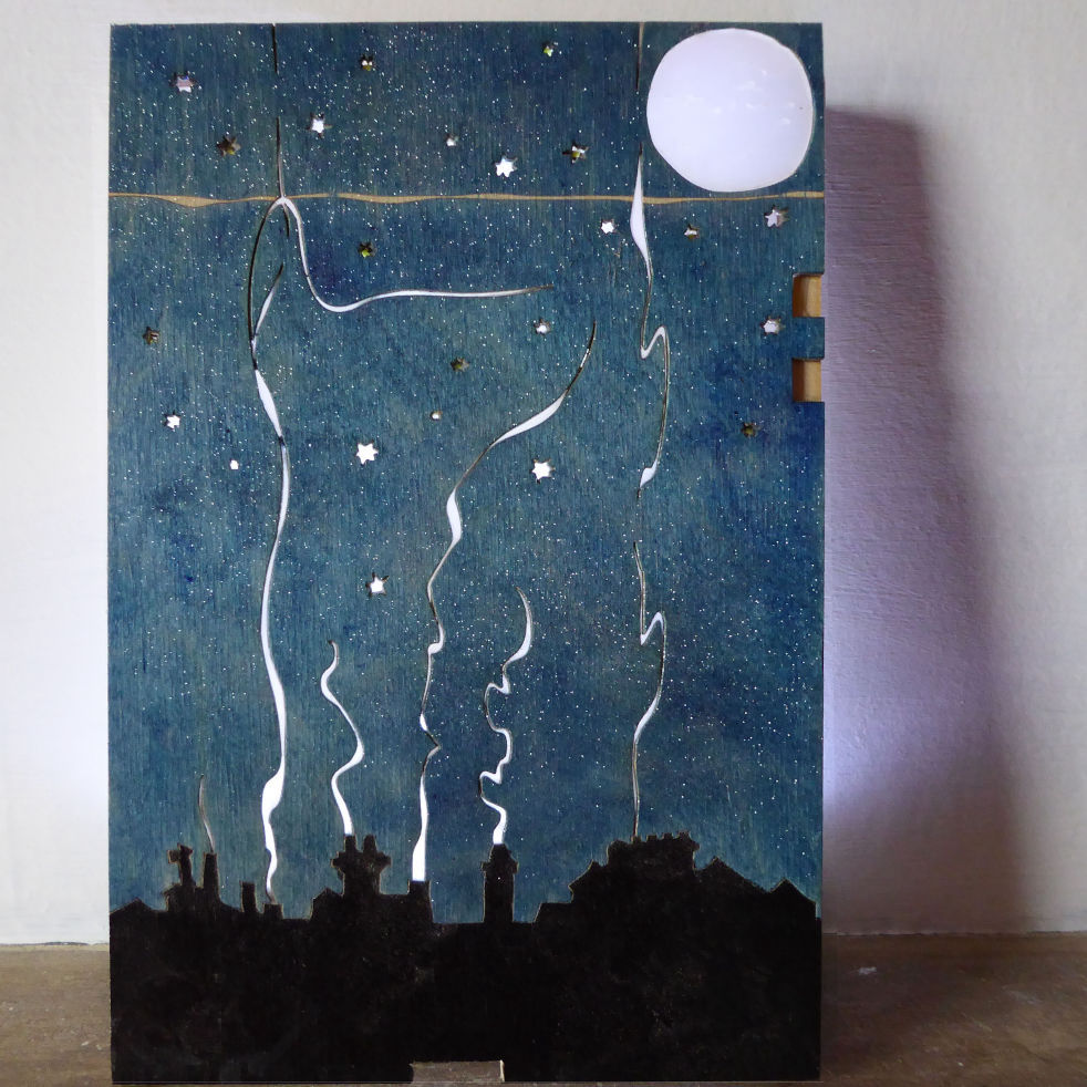 Back cover of retrospective - night sky with illuminated moon and smoke from chimneys