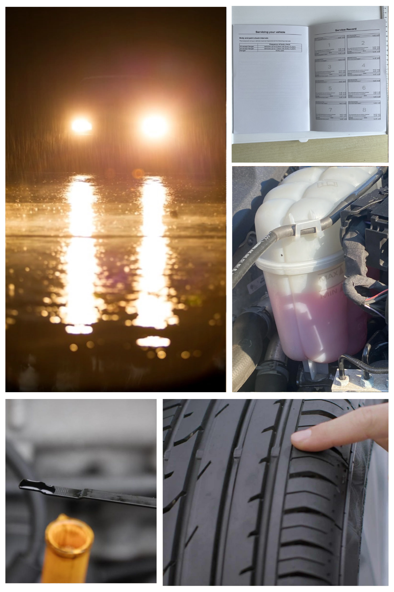 A photo collage of items on a vehicle that can be checked easily by the driver