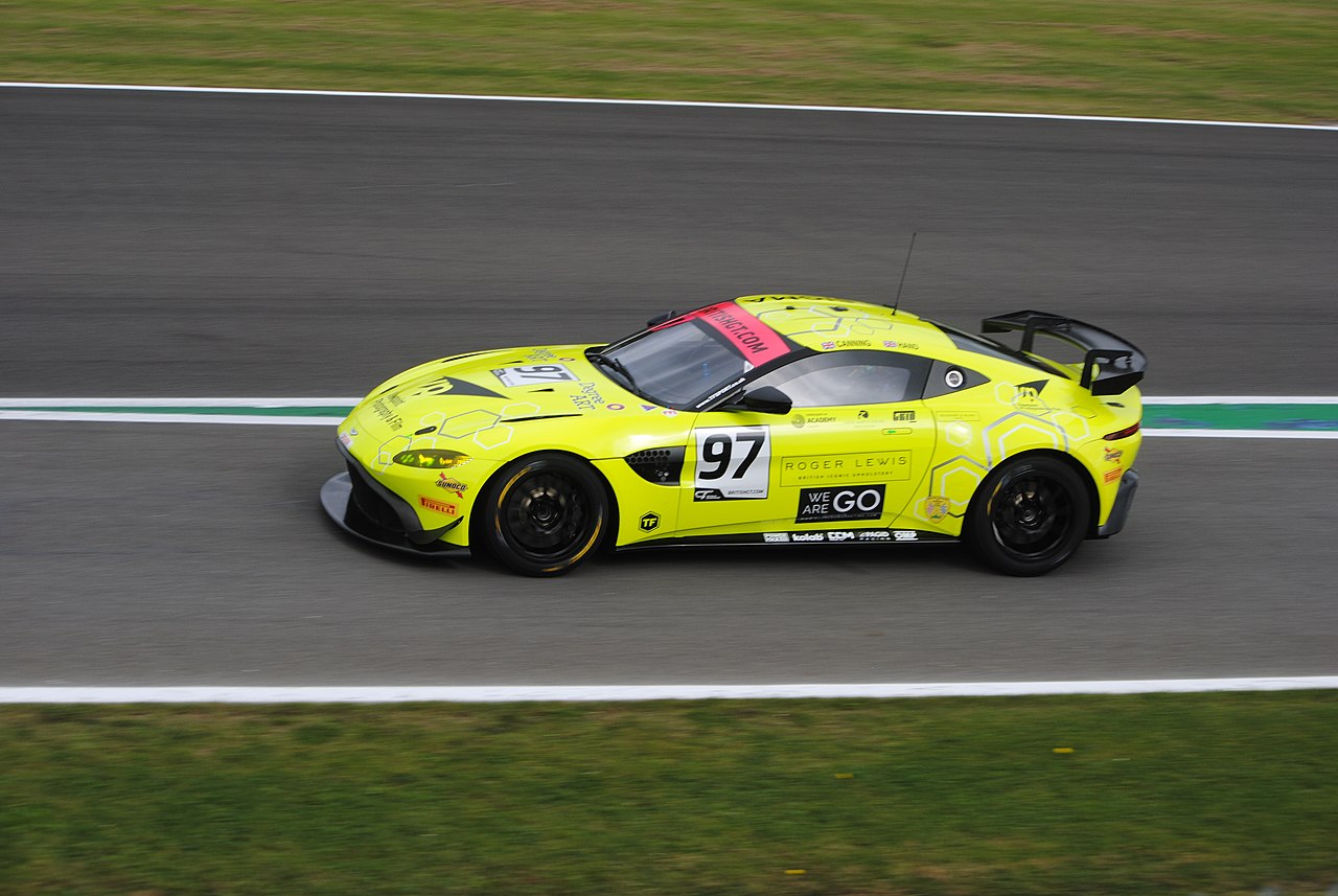 Aston Martin Vantage AMR GT4 leaving the pits at Donington Park.