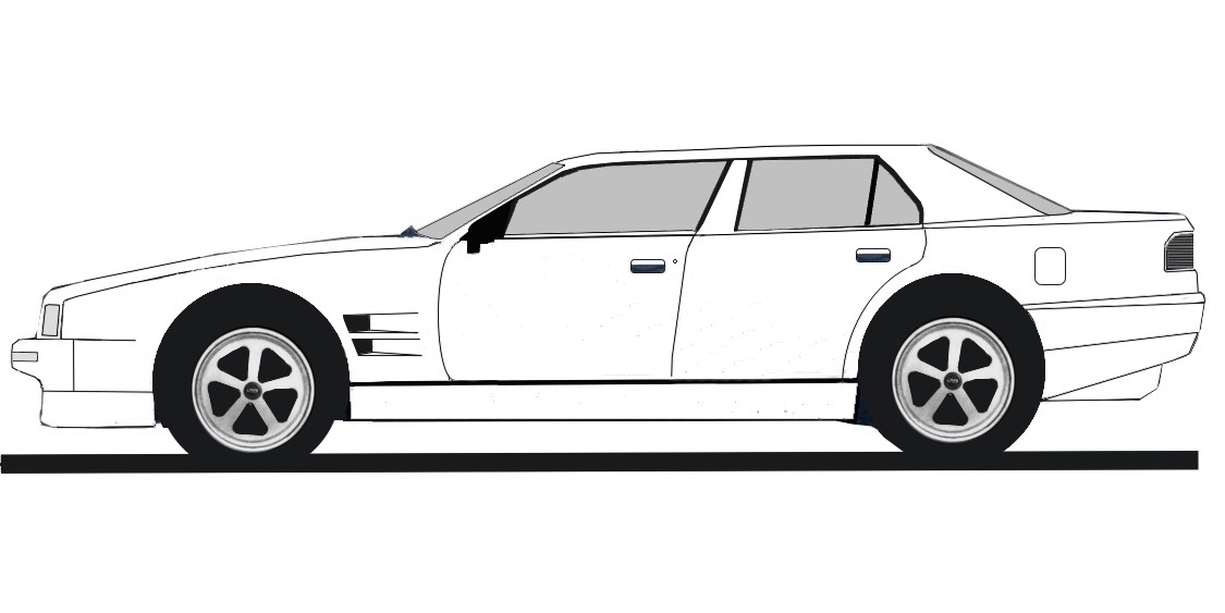 A sketch showing the side profile of the Lagonda Virage saloon.