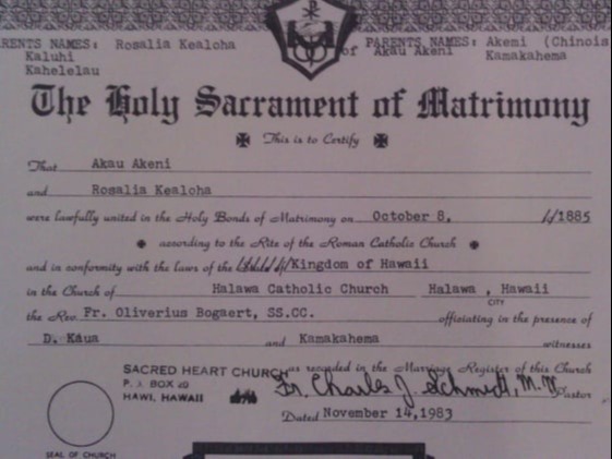 Wedding Certification - Akau Akeni & Rosalie Kealoha