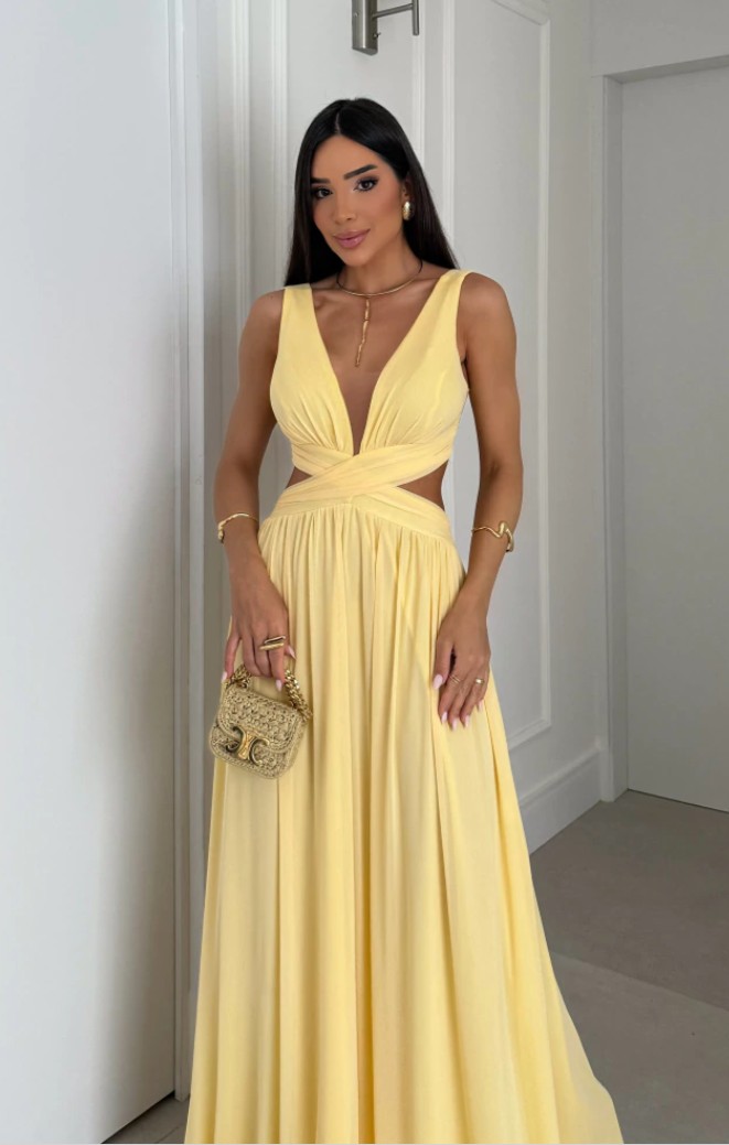 Vestido longo amarelo de festa — pronta entrega — Ateliê Taís Rocha