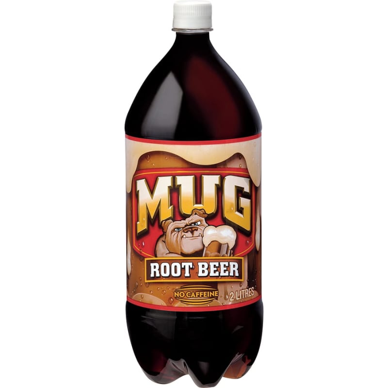 2 Liter Bottle of Mug Root Beer, a refreshing beverage available at The Wedgeman Pizzeria in Porters Lake, Nova Scotia