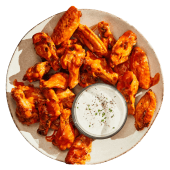 Plate of buffalo chicken wings from the Wedgeman