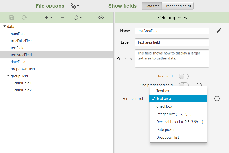 Data setup screen