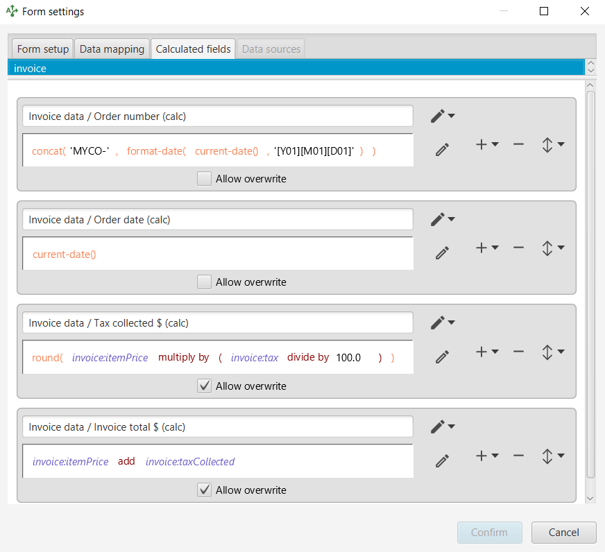 Calculated fields for the invoice sample