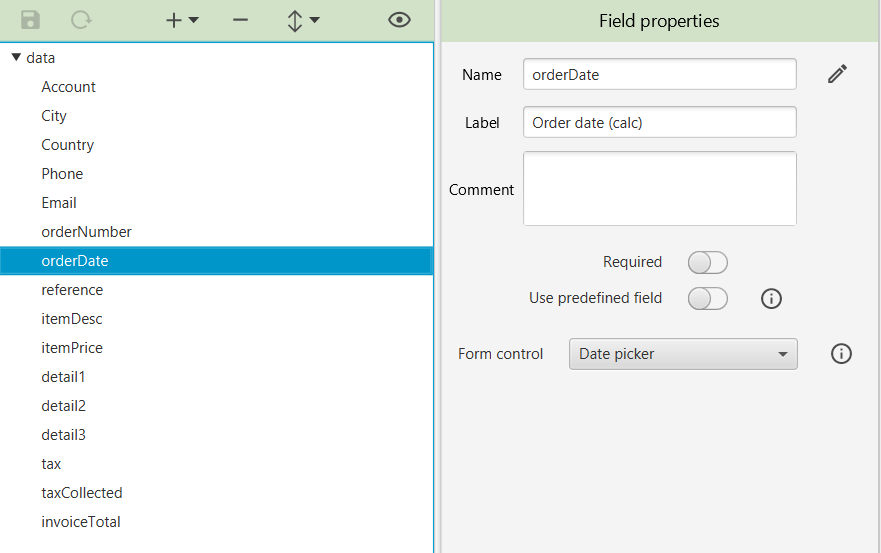 Data setup screen for the invoice sample