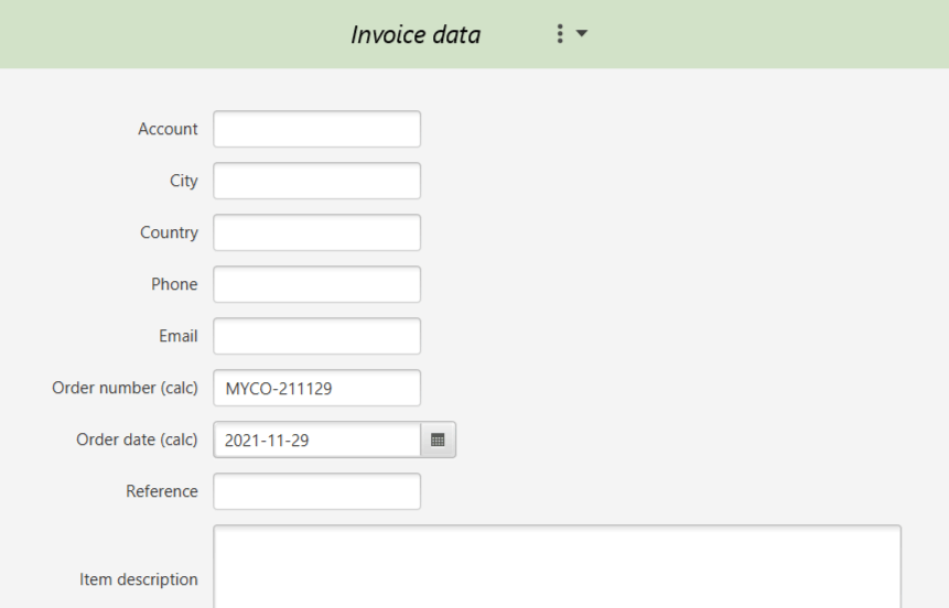 Data entry form for the invoice sample
