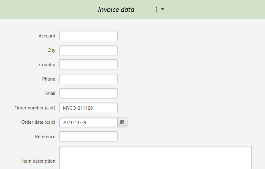 Invoice form Data entry form for the invoice sample