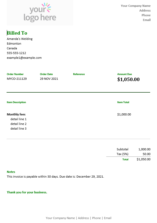 Generated *.docx document for the invoice sample