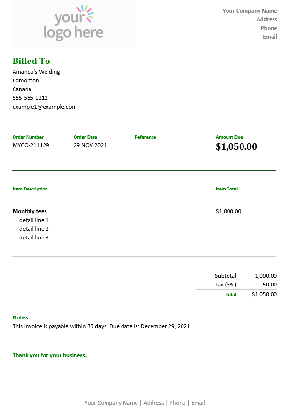 Invoice document Generated *.docx document for the invoice sample
