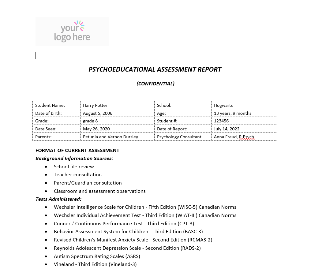 Assessment data setup Data setup screen for psych assessment reports