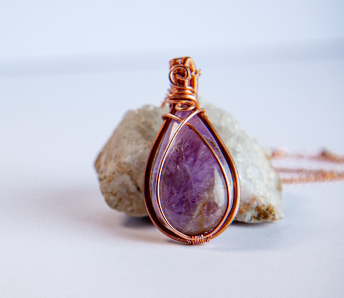 Amethyst Copper Wire Wrapped Necklace Pendant
