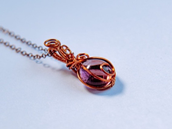 Purple Glass Orb Bead Copper Wire Wrapped Necklace Pendant