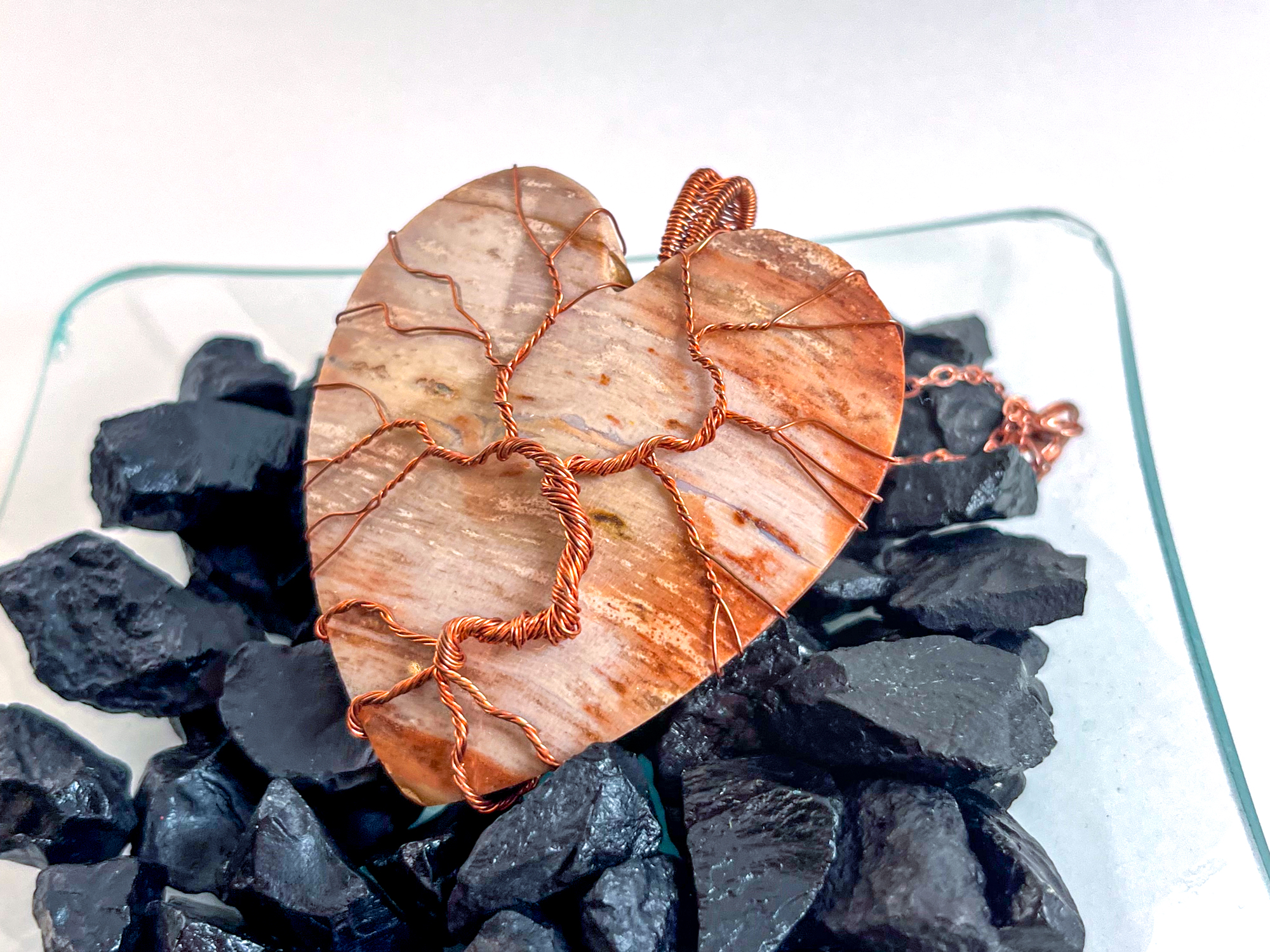 Copper Wire Wrapped Jasper Heart Necklace Pendant 