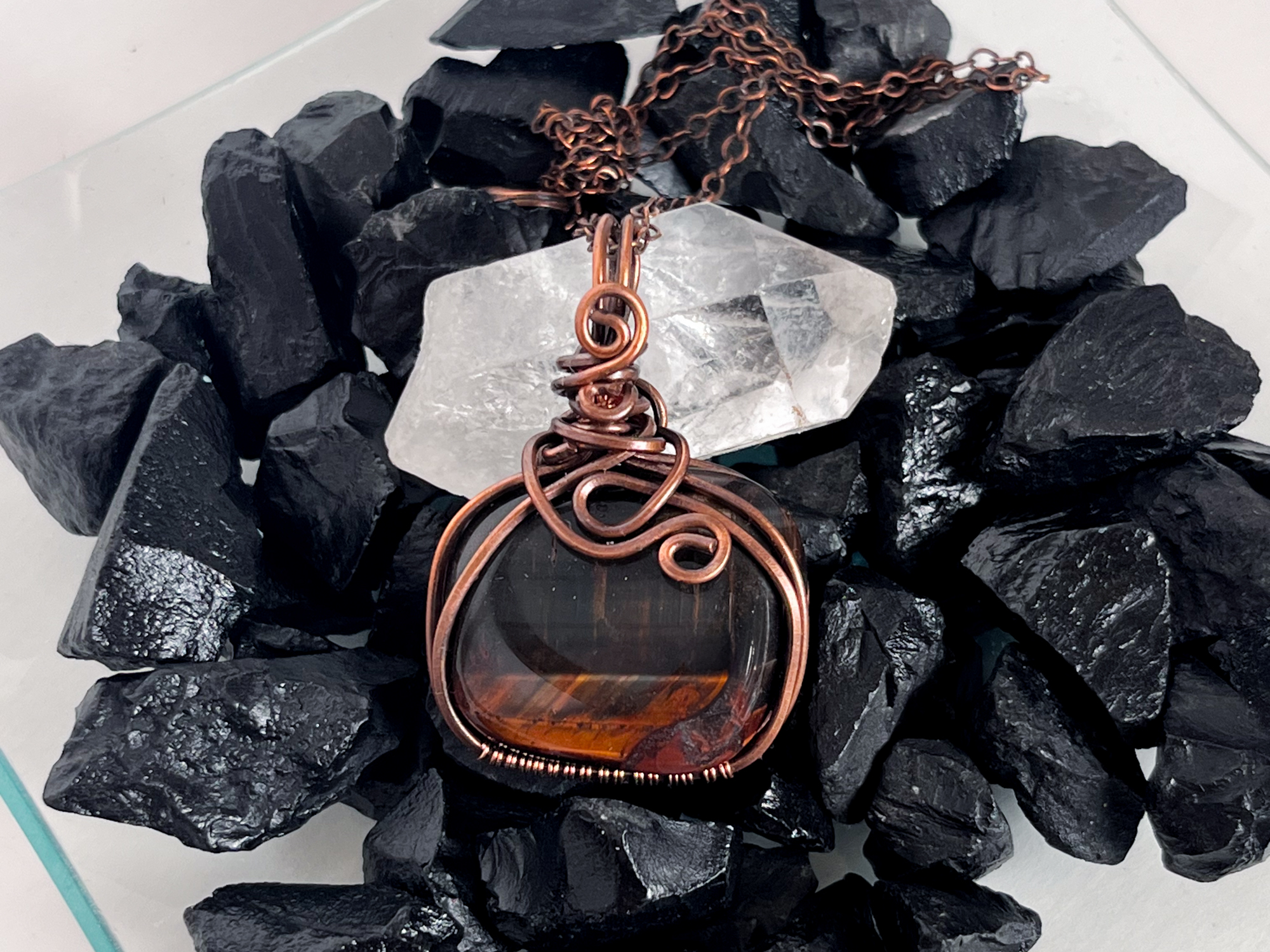 Red Tiger's Eye Patina Copper Wire Wrapped Necklace Pendant