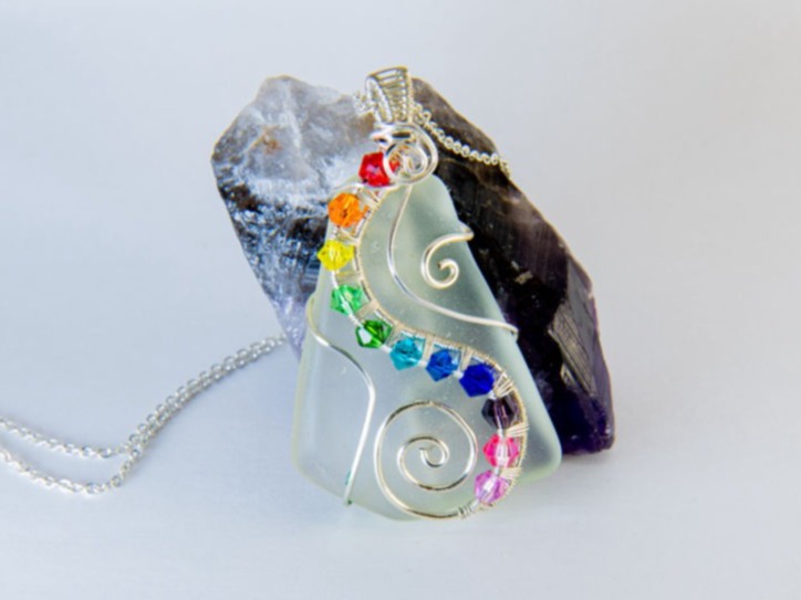 Rainbow Crystal Silver Plated Copper Wrapped Seaglass Necklace Pendant