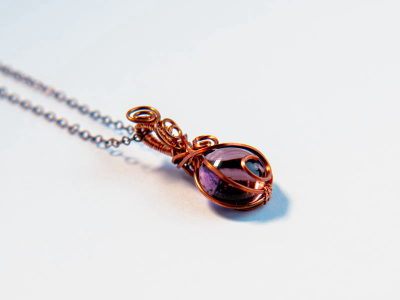 Purple Copper Glass Orb Wire Wrapped Necklace Pendant