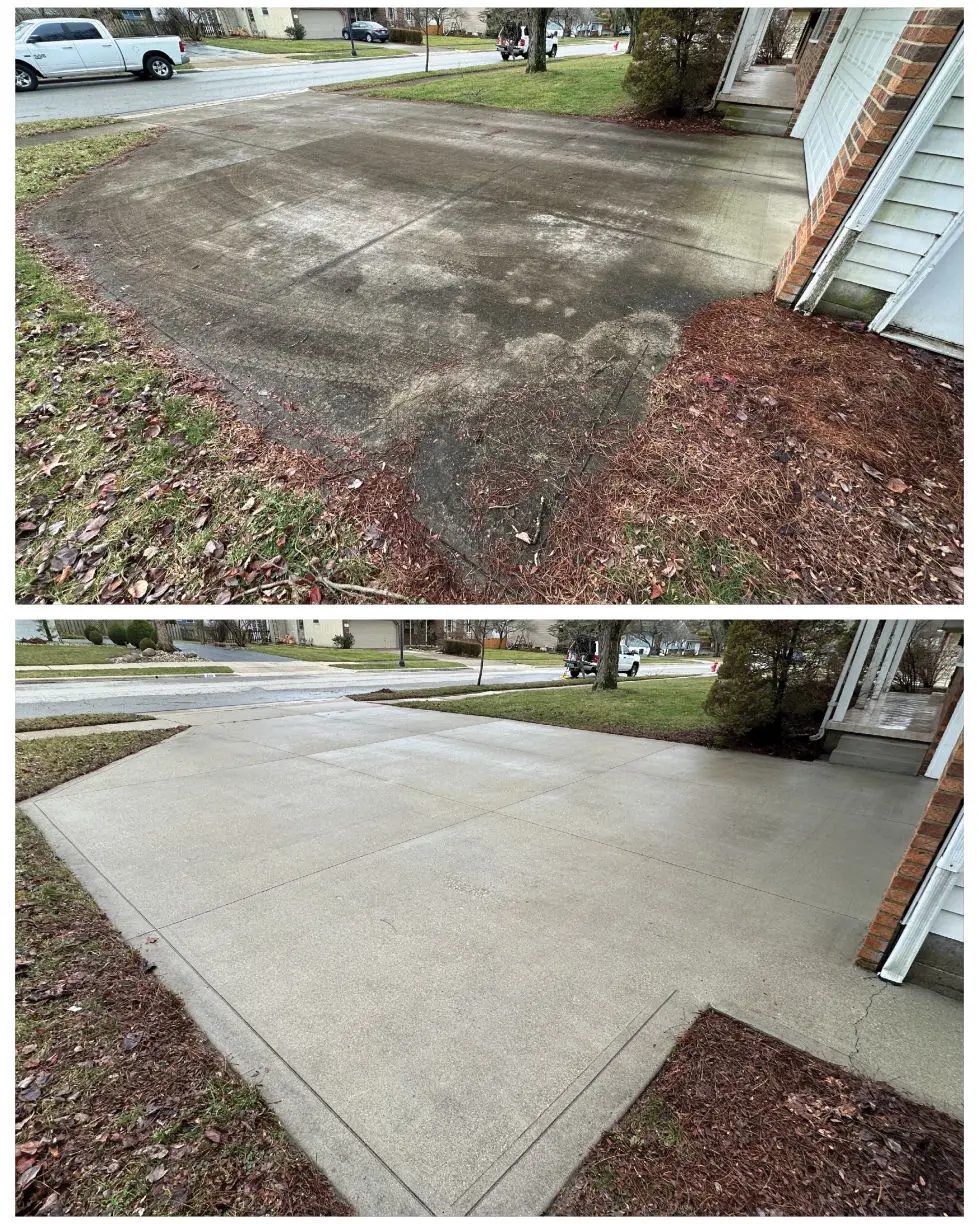 Before and after side by side example of pressure washing on a residential concrete drvieway in Westerville Ohio