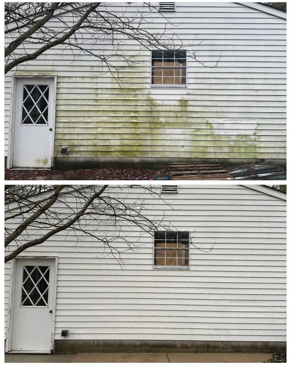 Before and after side by side example of soft washing on a residential home with vinyl in Westerville Ohio