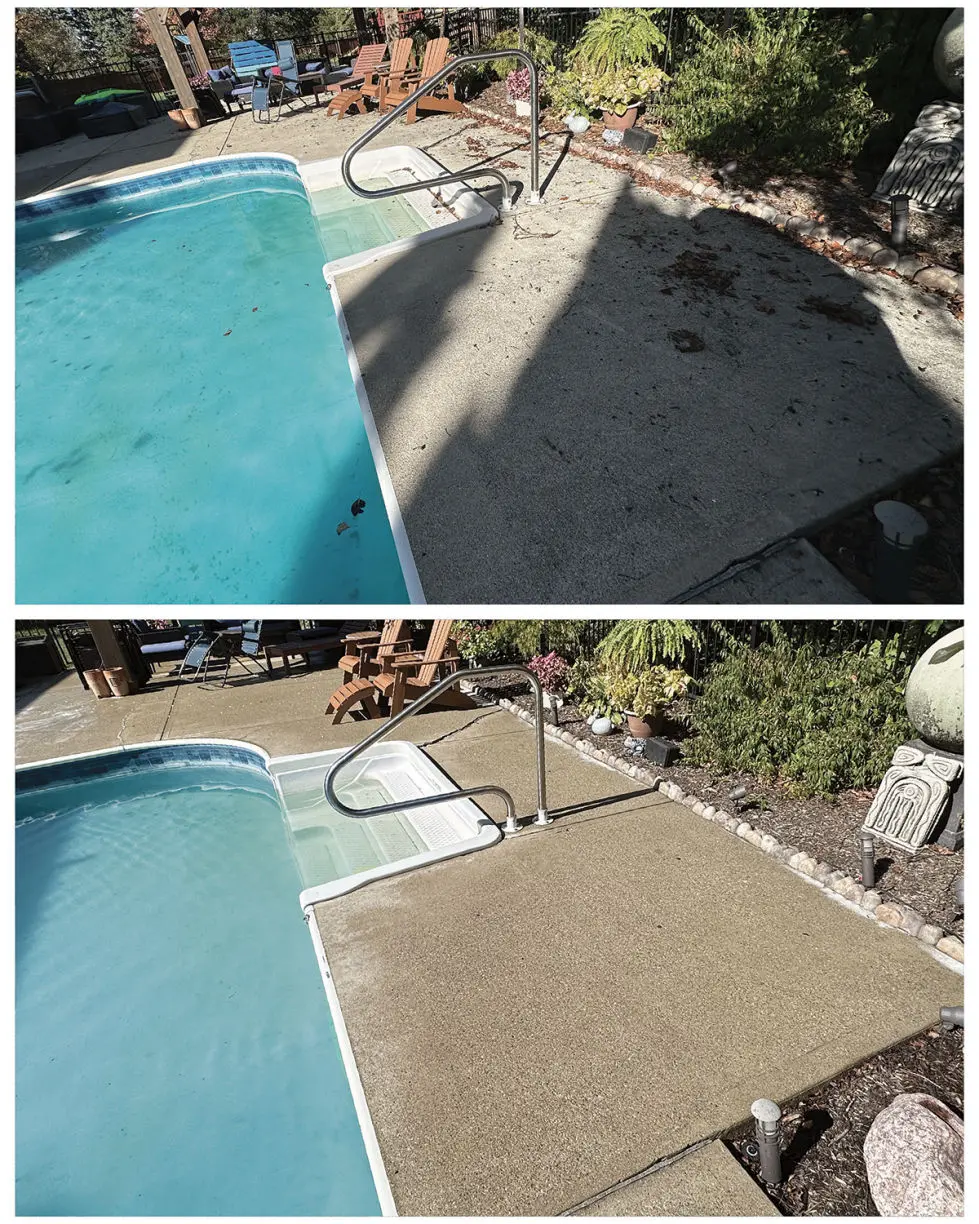 Before and after side by side example of pressure washing a pool deck at a residential home in Westerville Ohio