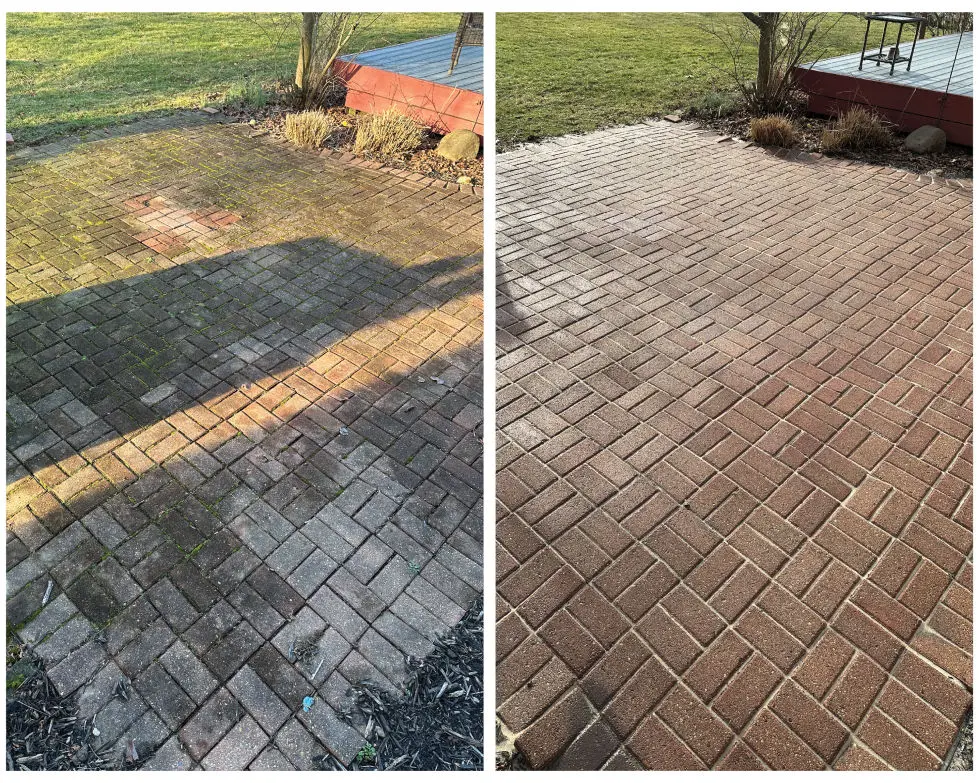 Before and after side by side example of pressure washing, sanding, and sealing on a residential brick patio in Westerville Ohio