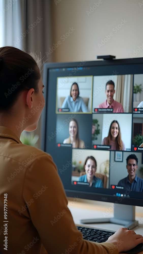 Woman on a teleconference call with attendees visible on screen