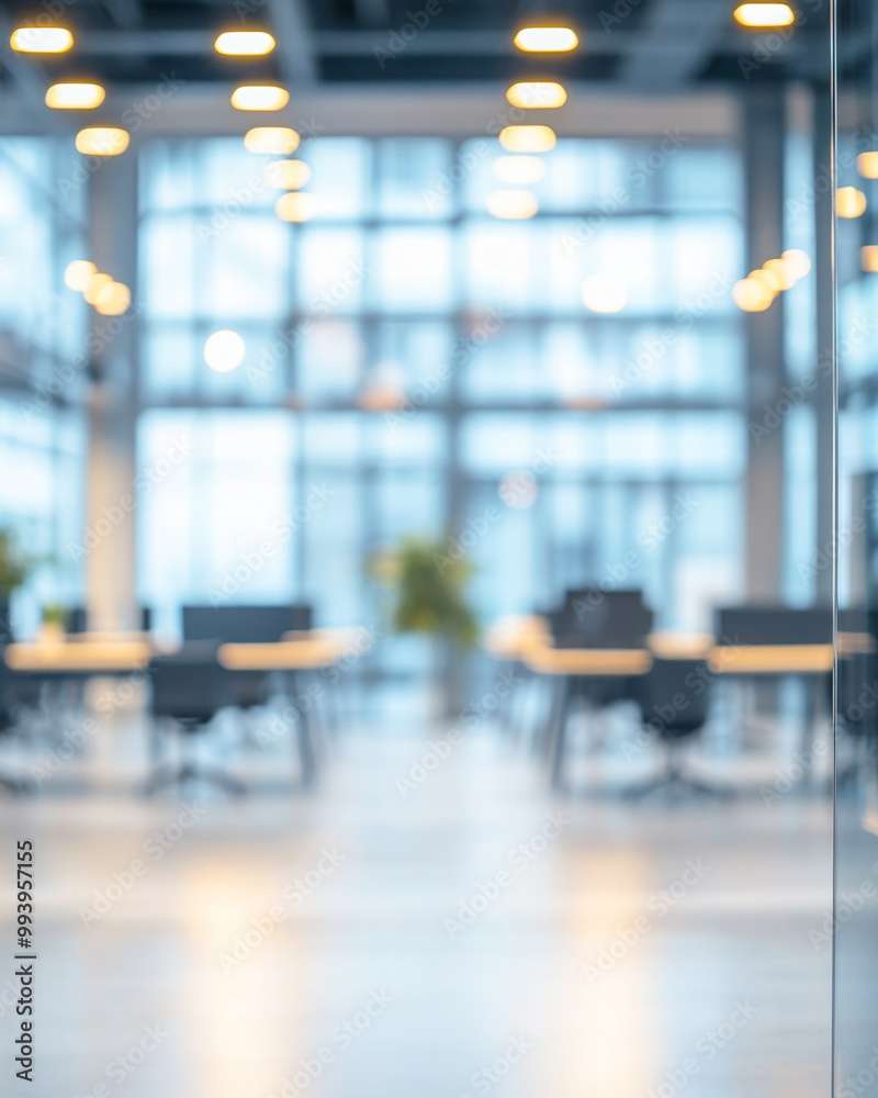 View of an office with tall ceilings and lots of light from glass wall.