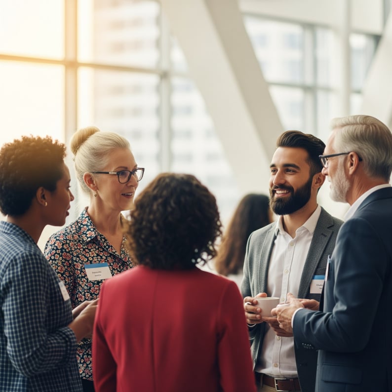 Association members huddled and discussing topics during a meeting.